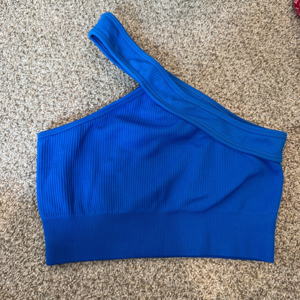 OQQ Womens One Shoulder Ribbed Seamless Sports Bra Crop Top Royal Blue Size S
